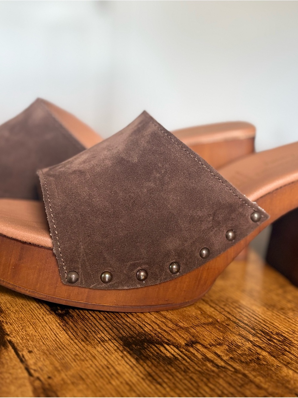 Suede Brown Studded Platform Mules